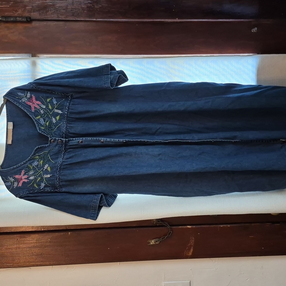 La Cera Cotton Denim Floral Embroidered 2X Dress Cap Sleeve Cottage Core Pearl